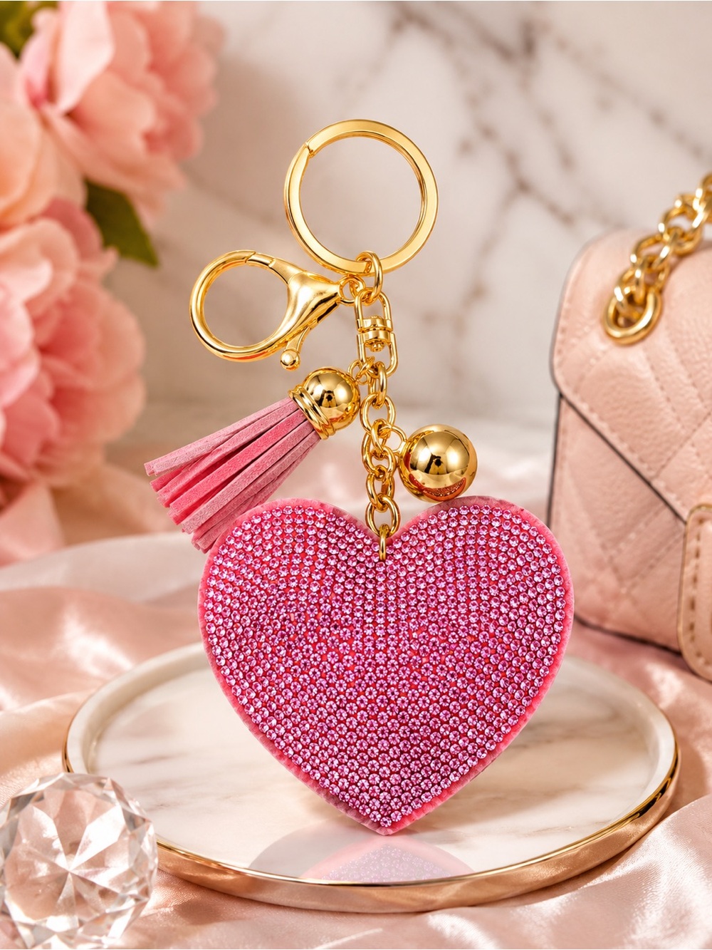 Pink Crystal Heart Keychain Bag Charm Rhinestone Purse Charm Gold Tassel